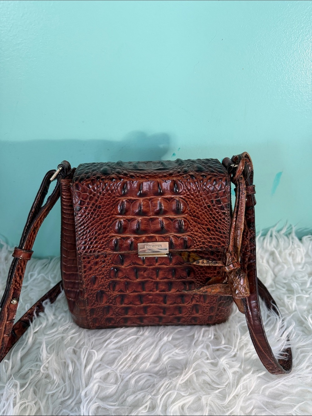 Brahmin Chestnut Croc-Embossed Leather Crossbody with a  roses  tassel.